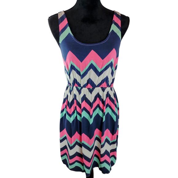 RUE21 Women's Midi Dress Small Colorful Rayon Zigzag Navy Pink Green  Casual - Picture 1 of 3
